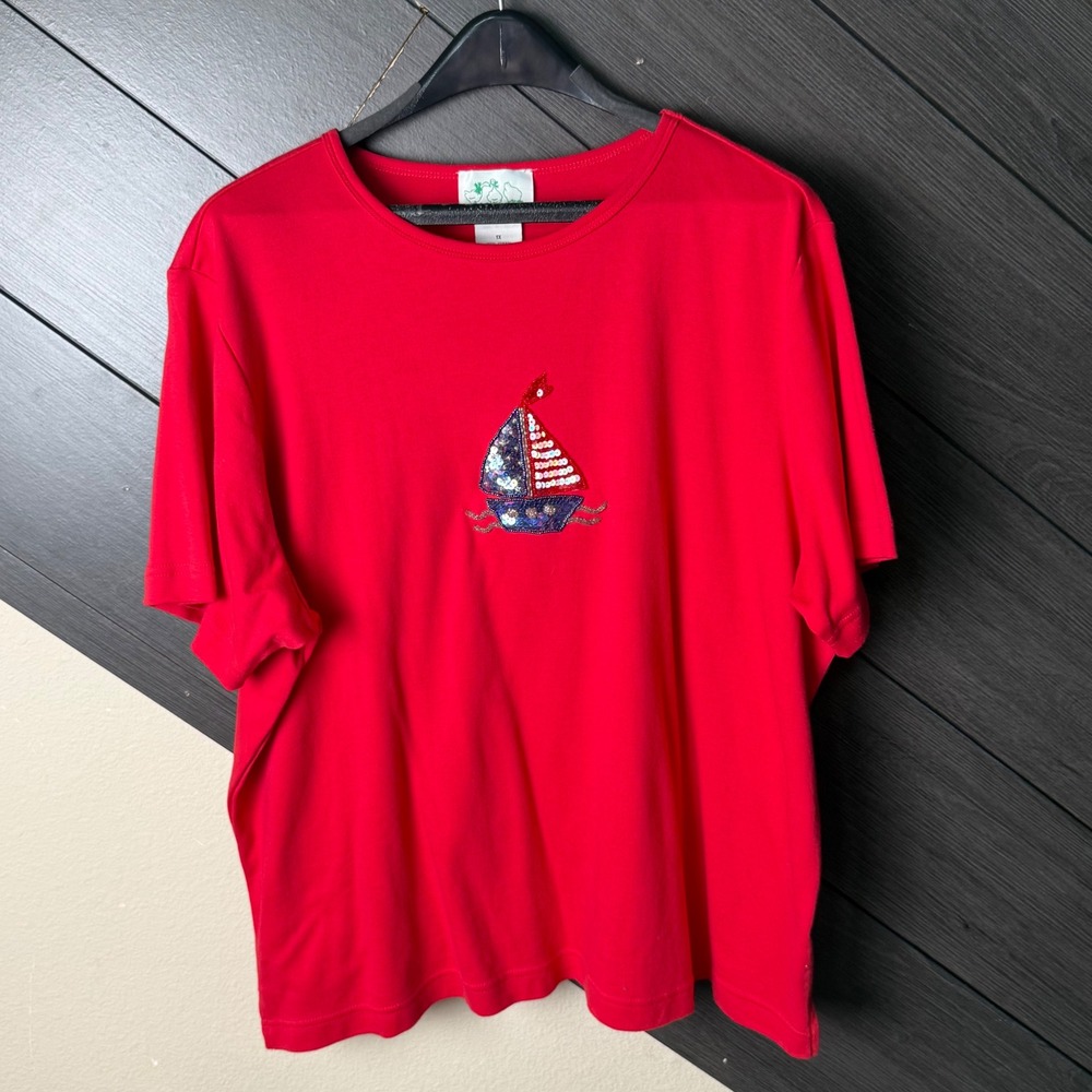 Quacker Factory Women's Sailboat Sequin Patriotic Tee 1X Red NWOT Plus